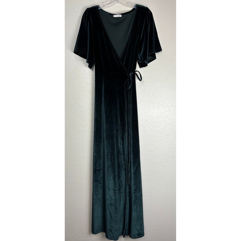 Baltic Born Velvet Wrap Maxi Dress Green Flutter Sleeve Evening Gown L 2524